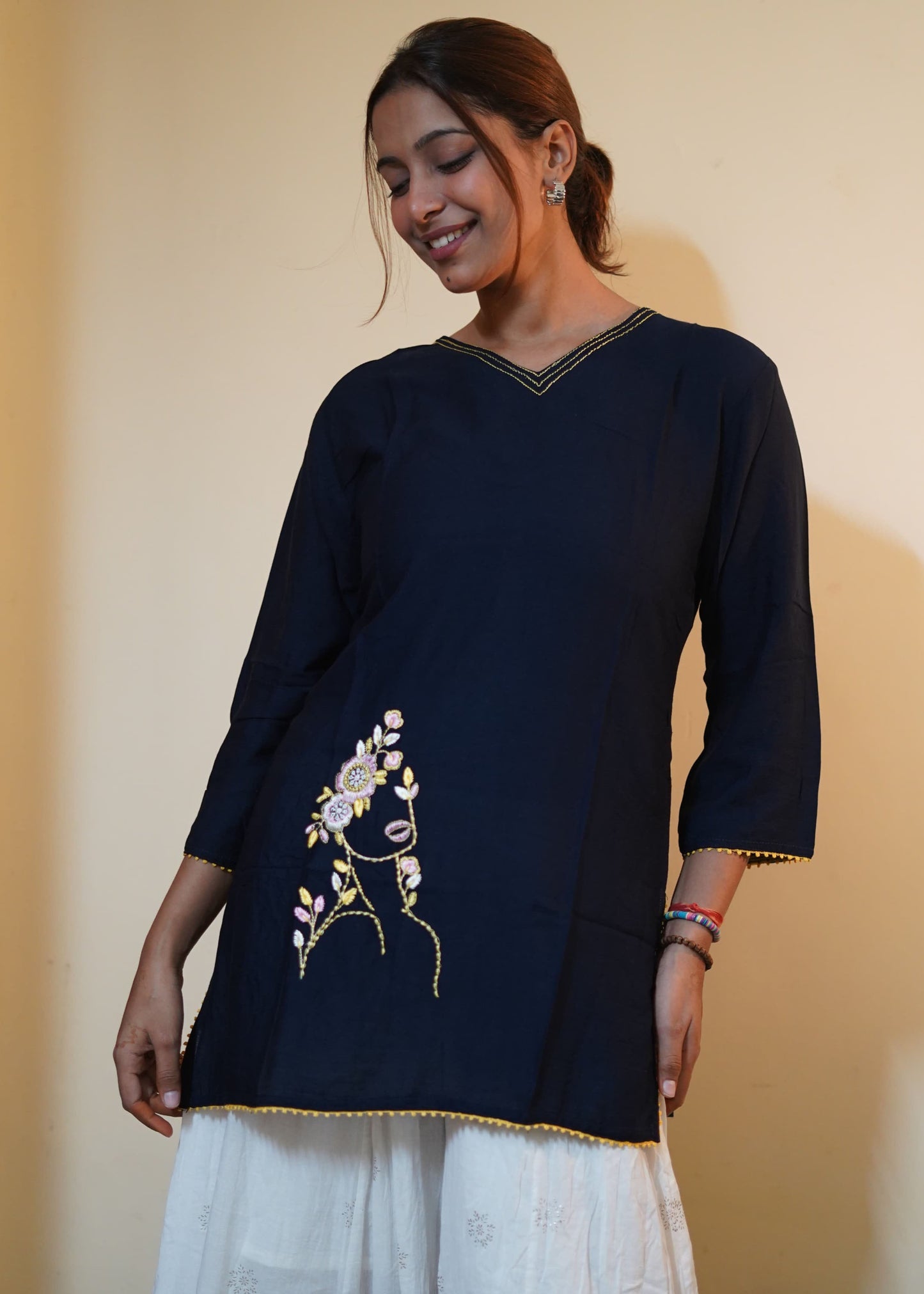 Noor Navy Blue Rayon Embroidered Tunic