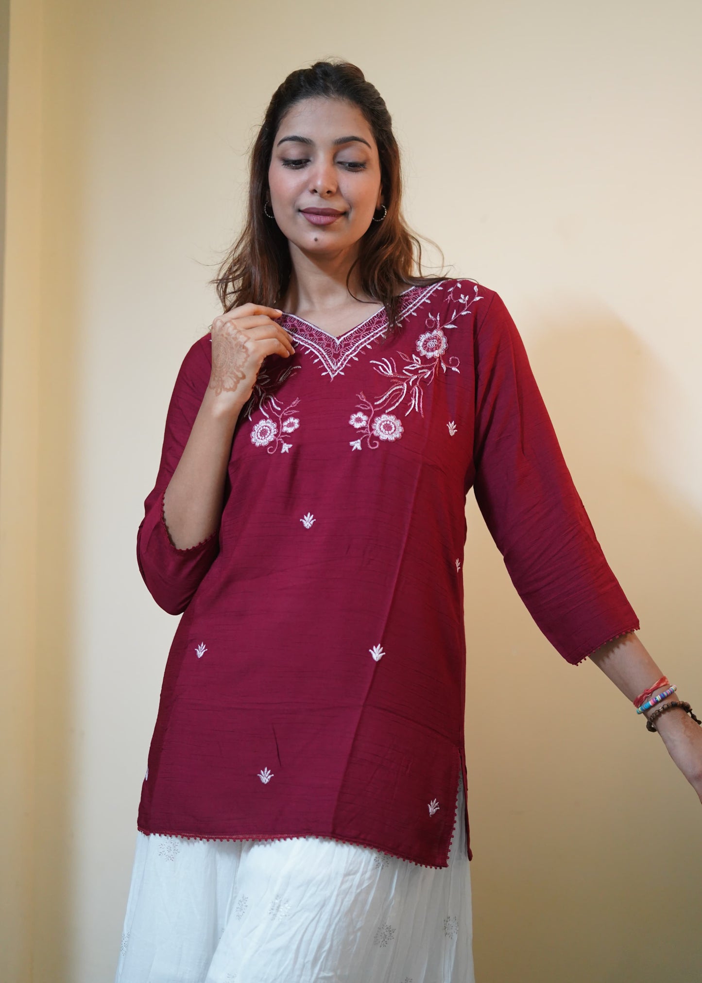 Maroon Floral Yoke Embroidered Tunic