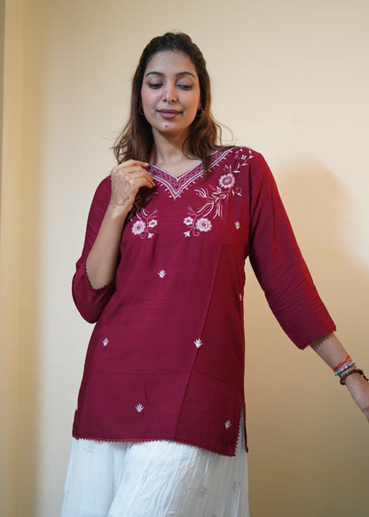 Maroon Floral Yoke Embroidered Tunic