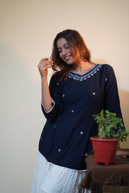 Navy Blue Tunic with Delicate Neck Embroidery